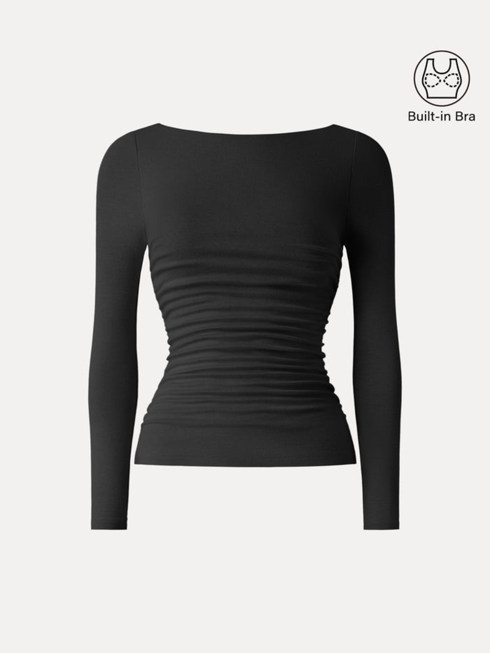 OGL Black Boatneck Ruches Long-Sleeve Brami with Built-In Bra